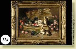 Chatons Dans Le Panier Aux illets by Leon Charles Huber