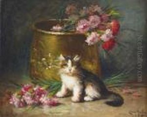 Katzchen Mit Nelken Vor Einem Messingkessel. by Leon Charles Huber
