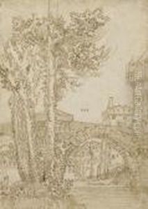 Un Pont A L'entree D'une Ville, Des Arbres Au Premier Plan by Wolfgang Huber