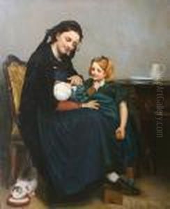A Mother With Her Children And A Cat by Julius Hubner