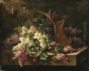 A still life with lilacs in a basket and a bird's nest by Emile Claus