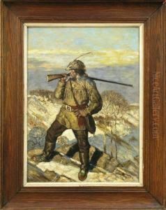 Scout With Rifle In Winter Mountain Landscape