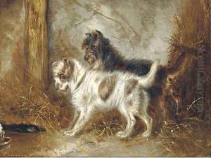 Mischevious terriers in a barn by Robert Cleminson