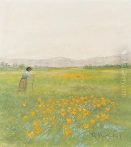 A Woman Walking In A Field Of Poppies; A Woman Walking In A Forest Clearing (a Pair) by Grace Carpenter Hudson