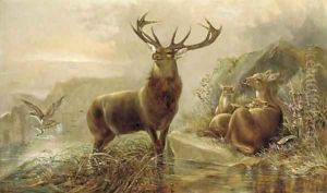 A stag with hinds by a loch by Robert Cleminson