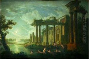 Baigneuses Pres D'un Lac Au Bord Des Ruines D'un Temple Antique Au Clair De Lune Baigneuses Pres D'un Lac Au Bord Des Ruines D'un Temple Antique Au Clair De Lune