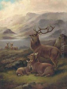 A stag with hinds by a loch 2 by Robert Cleminson