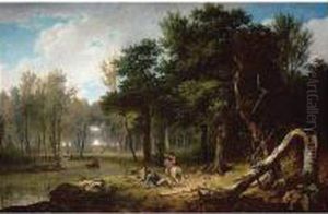 Wooded Landscape With Huntsmen Resting In A Glade Beside A Pond Wooded Landscape With Huntsmen Resting In A Glade Beside A Pond