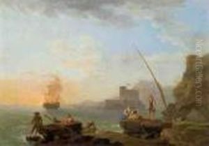Fishermen And Other Figures Along A Shoreline With A Sailboat In The Distance Fishermen And Other Figures Along A Shoreline With A Sailboat In The Distance