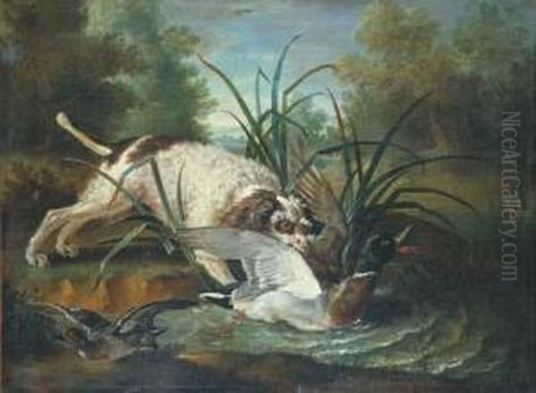 A Spaniel Retrieving A Duck From A Pond - view 1