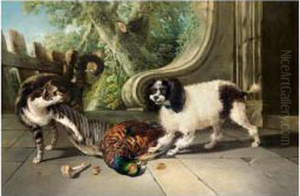 Chien Et Chat Devant Une Perdrix - view 1