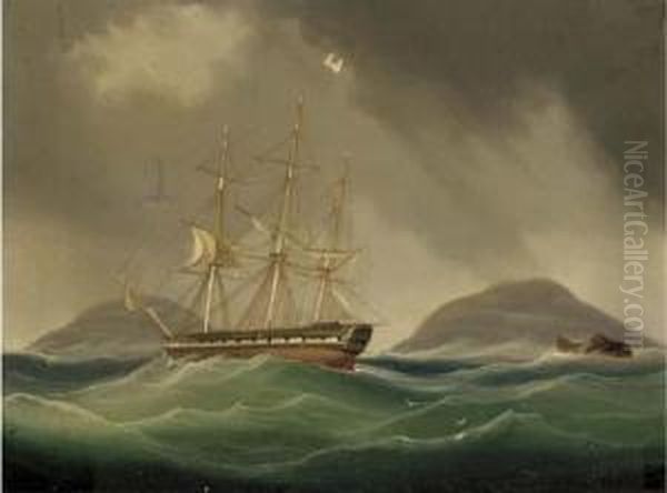 A Frigate Hove-to And Riding Her Anchors In A Gale - view 1