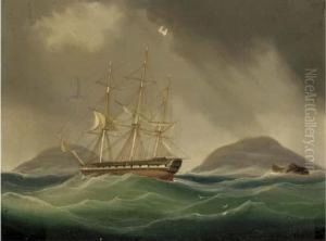 A Frigate Hove-to And Riding Her Anchors In A Gale by William Huggins