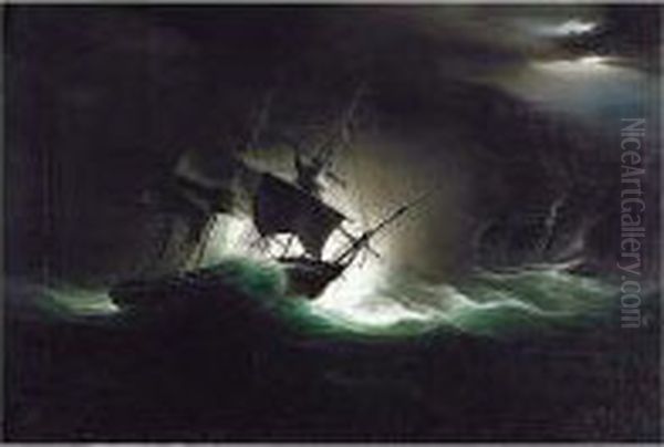 The Royal George On Her Return
From Ireland With His Late Majesty On Board And The Liffey Frigate Taken
Aback (showing A Blue Light) Off The Entrance Of The Bristol Channel At
2 O'clock On The Morning Of 12th September 1821 - view 1