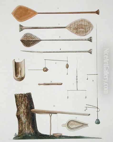 Society Islands: pangas, fishing hooks and other tools, from 'Voyage autour du Monde, executee par Ordre du Roi sur La Corvette de Sa Majeste, La Coquille, pendant les Annees 1822, 1823, 1824 et 1825' - view 1