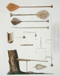 Society Islands: pangas, fishing hooks and other tools, from 'Voyage autour du Monde, executee par Ordre du Roi sur La Corvette de Sa Majeste, La Coquille, pendant les Annees 1822, 1823, 1824 et 1825' by Antoine Chazal