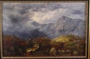 Mountainous Landscape With A Figure Crossing A Bridge In A Storm
