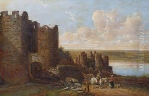Coastal Castle With Figures And Horse Before