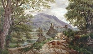 A Welsh Valley Scene With Figures And Cattle By A Cottage