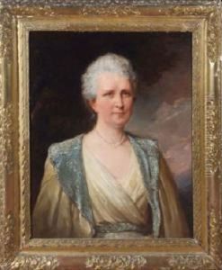 A Bust Portrait Of An Edwardian
Woman Wearing A Cream Coloureddress Decorated With Silver Thread Against
A Landscapebackground by Talbot Hughes