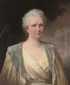Portrait Of A Lady, Half-length, In A Yellow Dress, Coat And Pearl Necklace