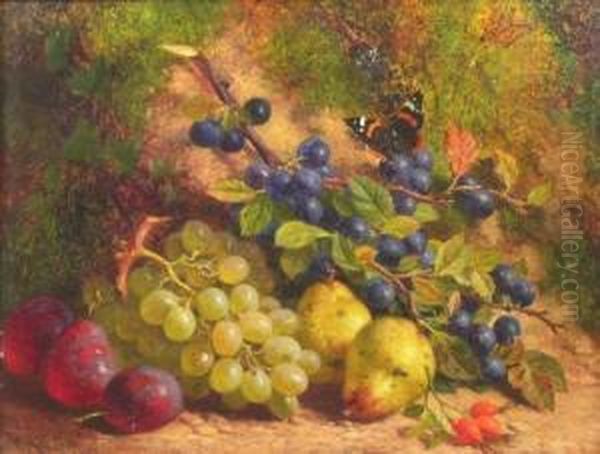 Still Life With Damsons,
Whitegrapes, Plums, Pears And A Red Admiral Butterfly On A Mossy - view 1