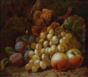 Apples, Plums And Green Grapes Against A Bank Apples, Plums And Green Grapes Against A Bank