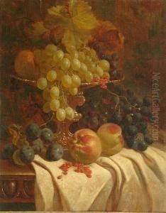A Still Life Of Grapes In A Silver Comport, With Peaches On A Table