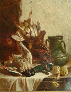 A Still Life Of Game, Fruit And A Large Stoneware Jug On A Cloth Draped Table