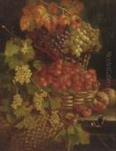 Grapes, Strawberries,
Whitecurrants, Peaches, And A Red Admiral Butterfly, On A Wooden Ledge by William Hughes