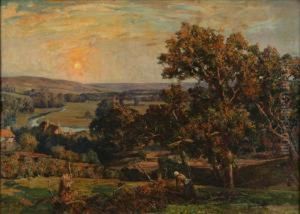 Faggot Gatherer In An Extensive River Valley Landscape by Herbert Hughes Stanton