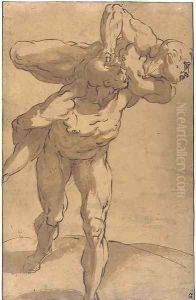 A man carrying another on his shoulders by Luca Cambiaso