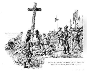 Balboa Setting up the Cross on the Shore of the Pacific Ocean, 25th September 1513, from 'The American Continent and its Inhabitants before its Discovery by Columbus' 1893 by Henry Newell Cady