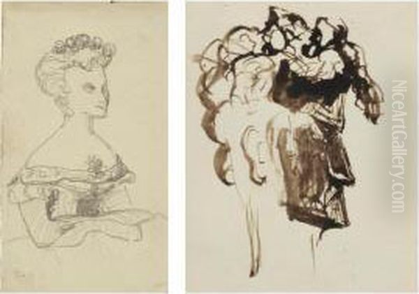 Deux Caricatures : Tete D'homme De Profil; Et Femme Croisant Les Bras - view 1