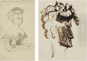 Deux Caricatures : Tete D'homme De Profil; Et Femme Croisant Les Bras