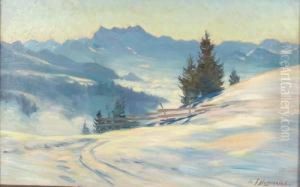 Winterliche Gebirgslandschaft Mit Den Dents Du Midi. by Fritz Edouard Huguenin-Lassauguette