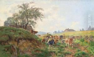 Paysage Avec Vaches Et Personnage by Fritz Edouard Huguenin-Lassauguette