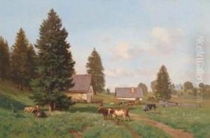 Paysage Avec Troupeau De Vaches. 1888 by Fritz Edouard Huguenin-Lassauguette
