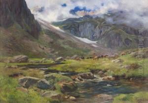 Alpenlandschaft Mit Weidenden Kuhen.
