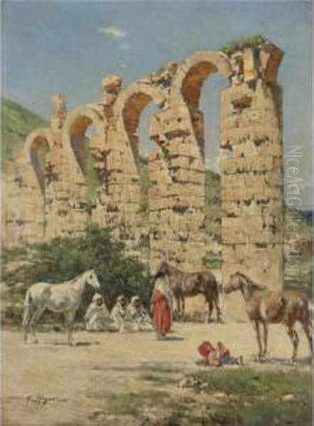 Horses Halted In Front Of The Ruins Of The Aqueduct Of The Ouedbella, Cherchell, Algeria - view 1