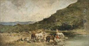 Orientaux Faisant Boire Leurs Chevaux by Victor Pierre Huguet