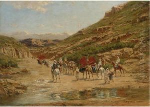 An Algerian Caravan Crossing A Riverbed