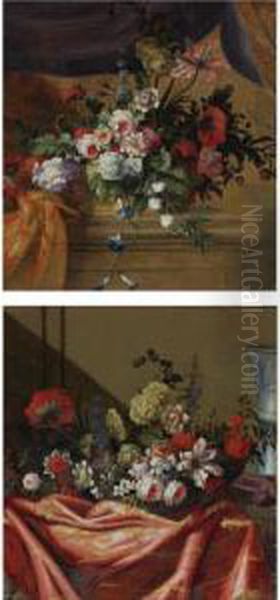 A Still Life Of Roses, 
Carnations, Lilies And Other Flowers On A Draped Ledge With A Vase; A 
Still Life Of Roses, Carnations, Lilies And Other Flowers Resting Upon A
 Stone Ledge: A Pair - view 1
