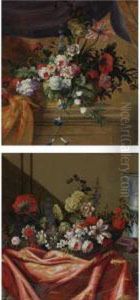 A Still Life Of Roses,
Carnations, Lilies And Other Flowers On A Draped Ledge With A Vase; A
Still Life Of Roses, Carnations, Lilies And Other Flowers Resting Upon A
Stone Ledge: A Pair by Pierre-Nicolas Huillot