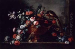 Natura Morta Con Vaso Di Fiori E Pappagallo