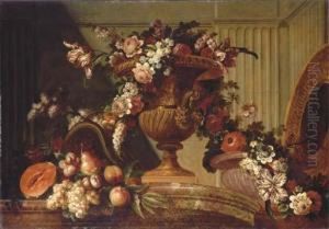 Roses, Tulips, Peonies, Mallows 
And Other Flowers In A Sculptedurn, With Grapes, Peaches, Plums, A 
Melon, A Pear And A Silver Giltsalver On A Marble Ledge