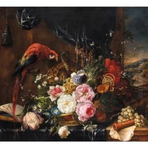 A Still Life Of Various Flowers In A Basket With A Parrot by Pierre-Nicolas Huillot