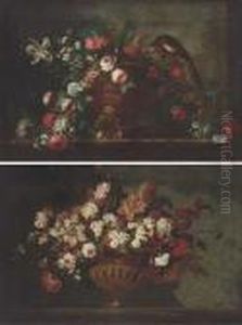 Mixed Flowers In An Urn With A 
Parrot And A Hawk On A Ledge; Andmixed Flowers In An Urn On A Ledge