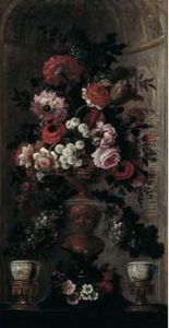 Bouquet De Fleurs Dans Un Vase De Bronze Dans Une Niche De Pierre by Pierre-Nicolas Huillot