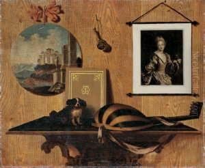 Trompe-l'oeil-stilleben Mit 
Einer Laute Und Einem Hundchen Auf Einem Konsoltisch. An Der Wand Ein 
Gemalde Und Ein Stich Nach J.b. Santerre.